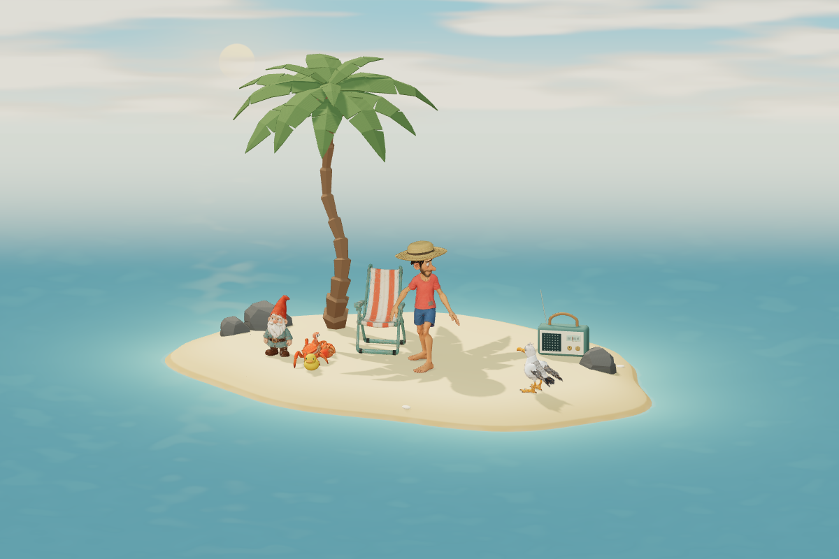 The lean castaway in his straw hat, a red crab and a gull on the current island, with their chair, duck, gnome and radio.