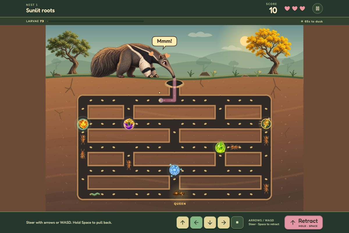 An animated giant anteater feeds through a connected underground maze with roaming insects and glowing powerups.