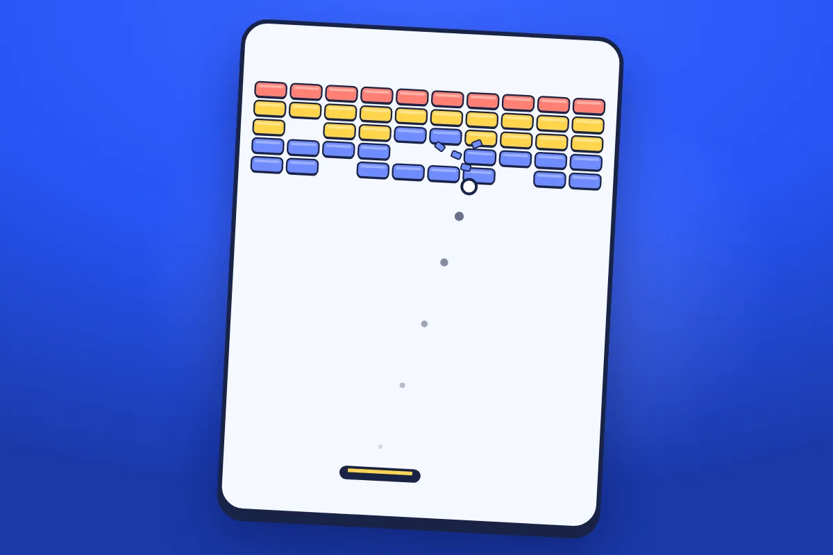A wall of coral, yellow and cobalt bricks with one breaking apart, a ball with a dotted trail rising from an ink paddle, on a cloud-white field.
