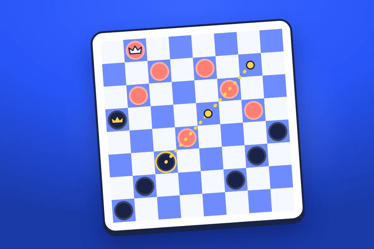 A cobalt and cloud checkers board mid-game, Ink and Coral pieces with crowned kings, and a dotted yellow path showing an Ink man's double jump.