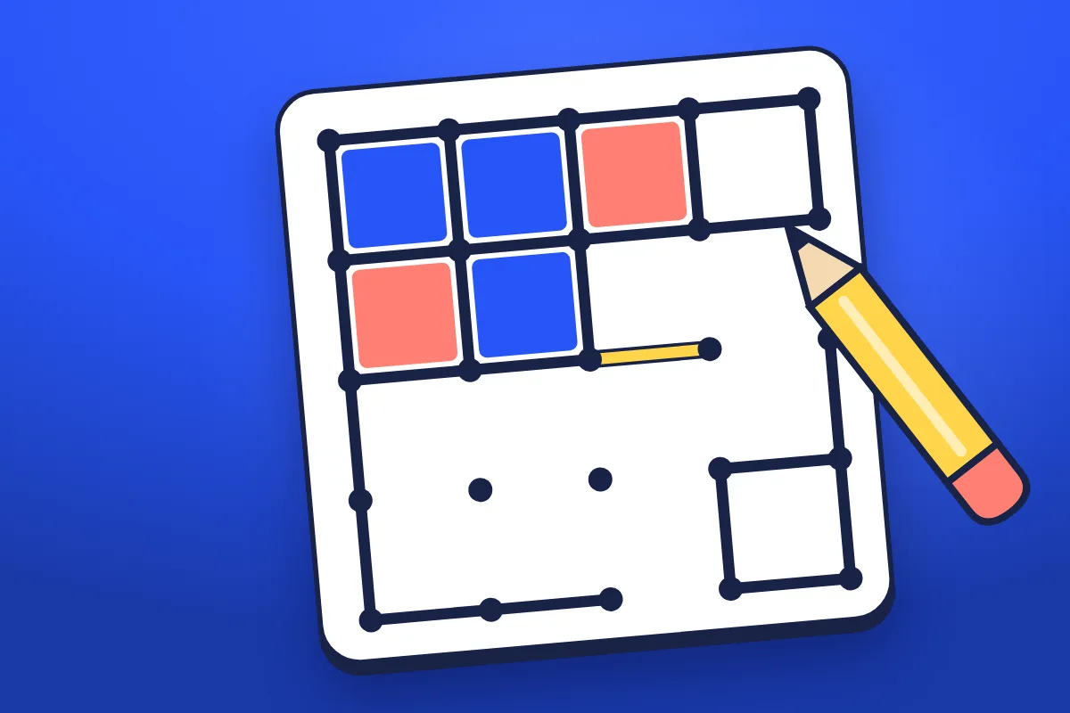 A tilted white dots and boxes board on cobalt, with cobalt and coral boxes claimed, a fresh yellow line, and a yellow pencil about to draw the next line.