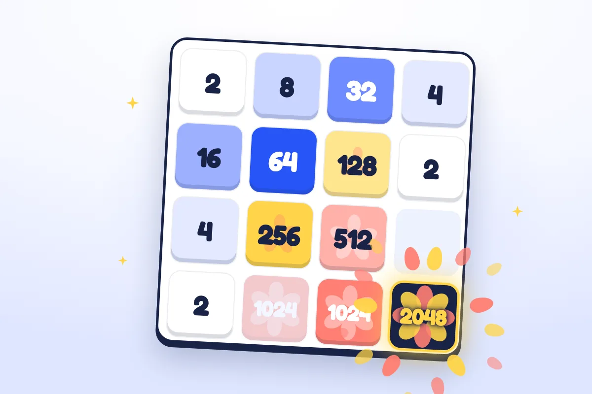 A Doubloom board of cloud, cobalt, yellow and coral tiles, flowers growing on the bigger ones, as two 1024s merge into a 2048 in full bloom and petals burst around it.
