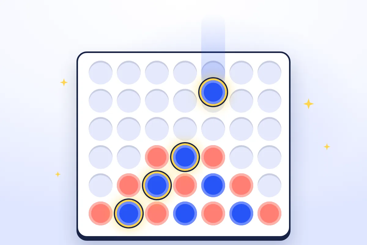 A white Four in a Row board with cobalt and coral discs, a cobalt disc dropping in to complete a diagonal of four, and yellow sparkles.