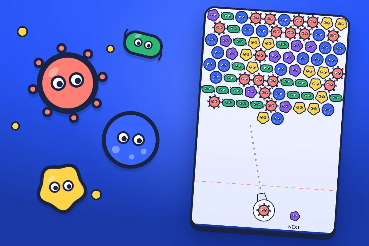 Big cartoon germs, a spiky coral virus, a blue blob, a yellow amoeba and a green rod, floating beside a tilted lab full of germs with a launcher aiming up.