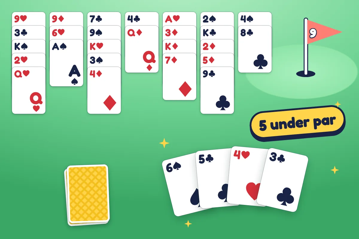 Seven fanned columns of cards on a fairway-green table beside a hole-nine flag, with a 6, 5, 4 and 3 sweeping onto the foundation under a yellow 5 under par badge.