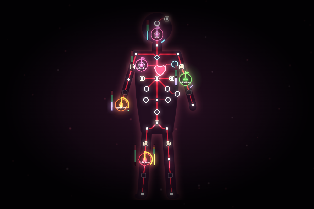 A glowing transit-map body with its heart at the centre, treating a flu at the nose, an infection at the elbow, a cut at the knee and a burn on the hand.