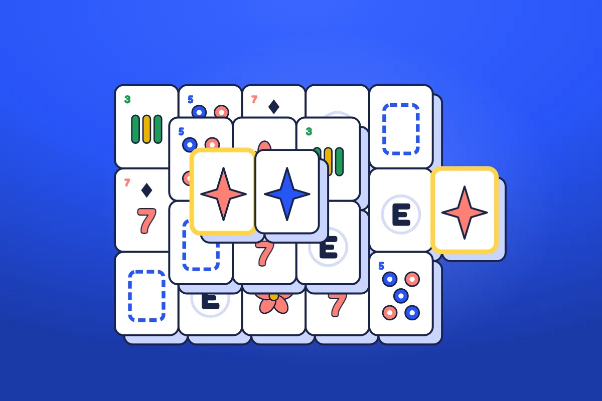 A stack of white mahjong tiles in Plocky's style on cobalt: dots, bamboo, numbers, winds and a flower, with a matching pair of coral dragon tiles ringed in yellow.