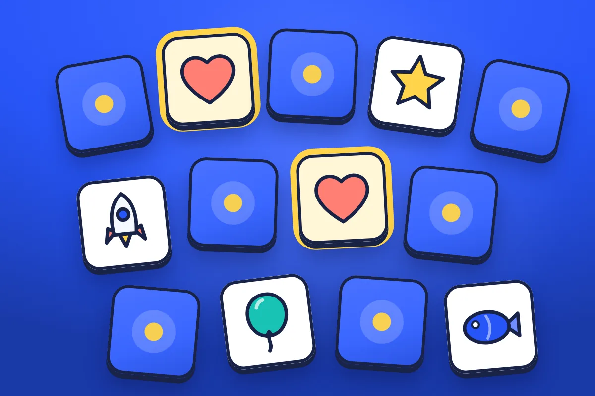 Memory cards spread on cobalt: cobalt card backs with a yellow dot, and cards turned up to a heart pair glowing yellow, a star, a rocket, a balloon and a fish.