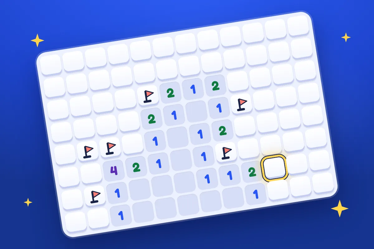 A tilted Minesweeper board on cobalt: an opened area of blue, green and purple numbers, coral flags on the mines around it, and a yellow ring on the next square to open.