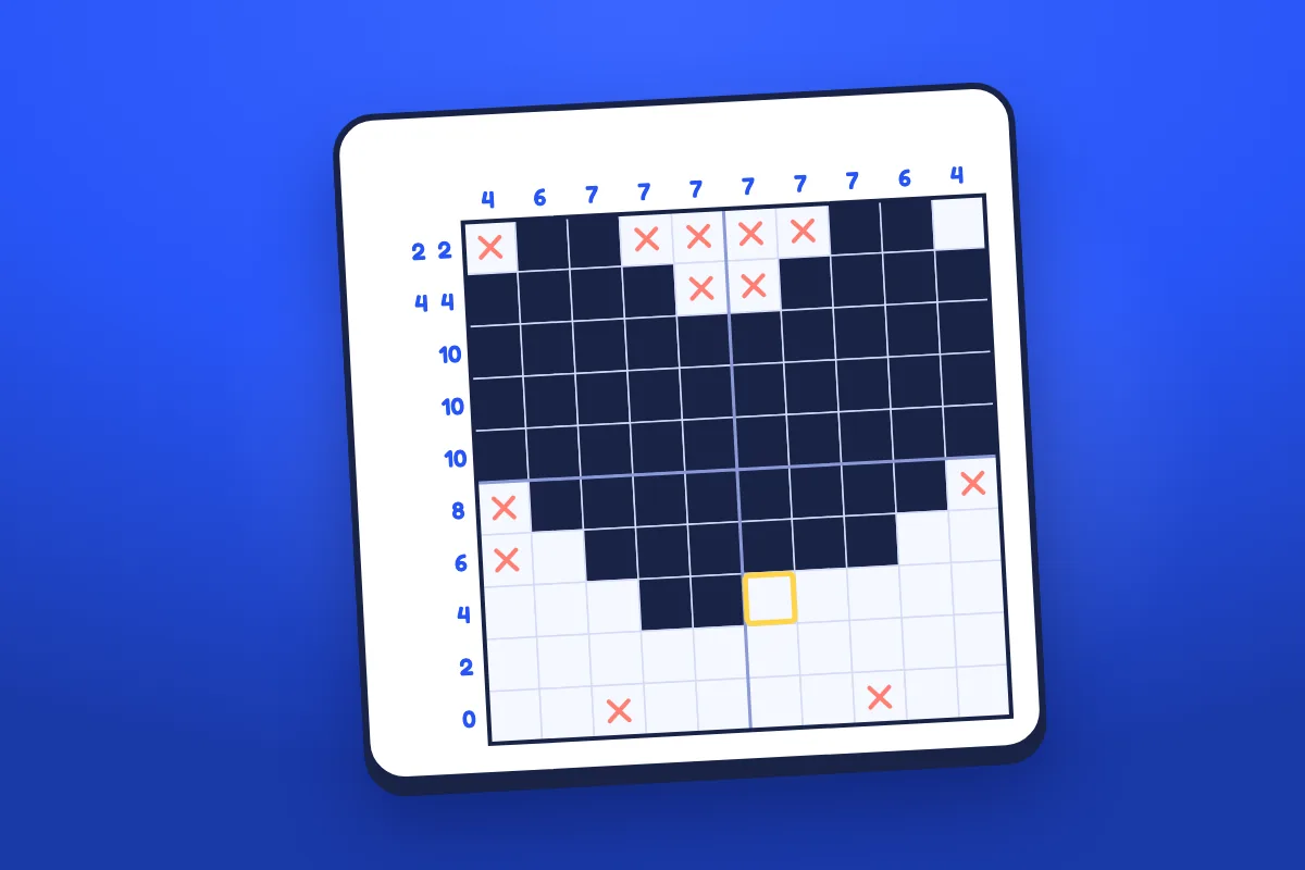 A nonogram grid with number clues around it, a heart in ink squares almost finished, coral crosses marking blanks, and the next square outlined in yellow.