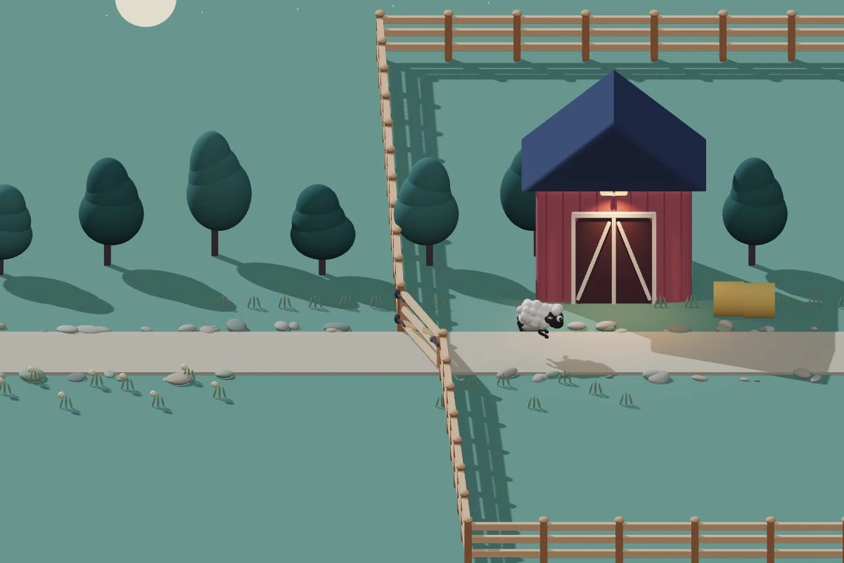A clay sheep jumping past a wooden farm gate, with a moonlit barn and rounded trees behind it