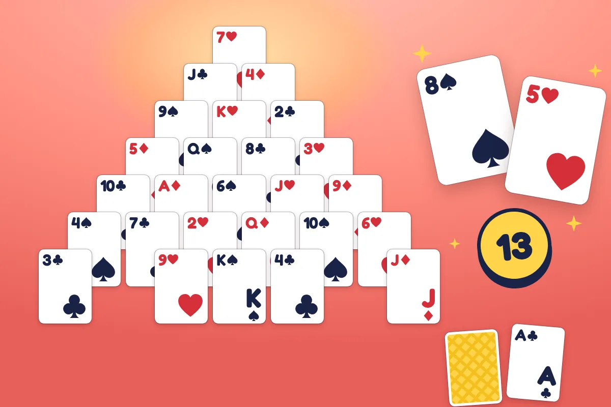 A pyramid of playing cards on a coral table under a low sun, with an 8 of spades and a 5 of hearts lifting off together beside a yellow badge reading 13, and the stock and waste below.
