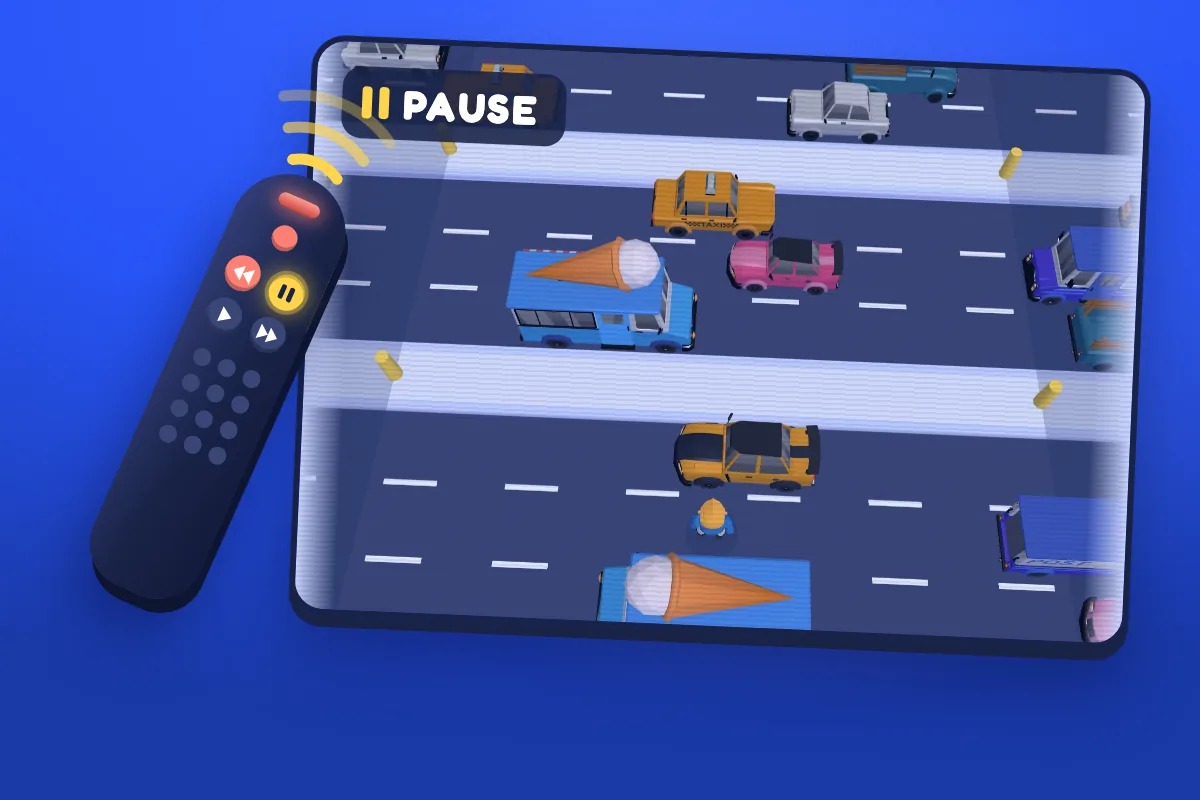 A TV remote beams at a 3D street with its pause key held: the traffic is frozen under a PAUSE label, and a small runner stands mid-street between an orange car and an ice-cream truck.