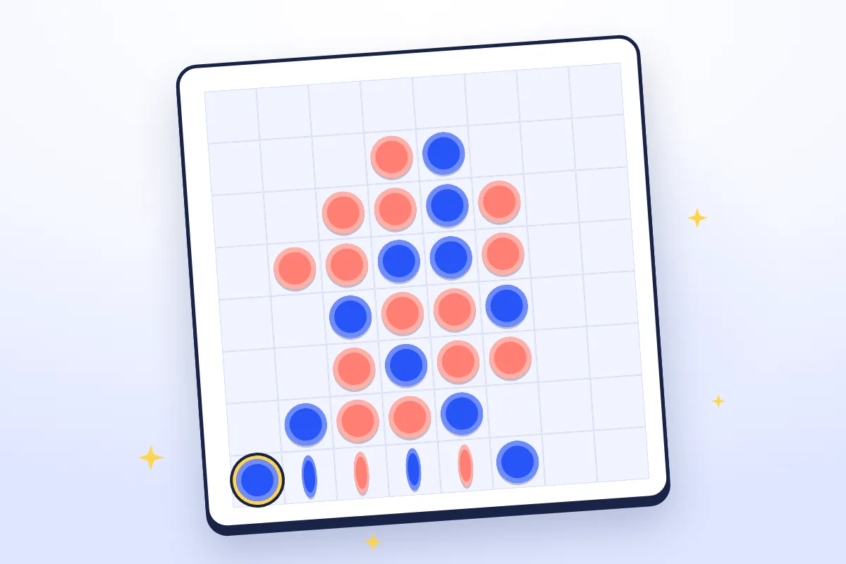 A white Reversi board with cobalt and coral discs, a row of coral discs mid-flip to cobalt after a corner capture, and yellow sparkles.