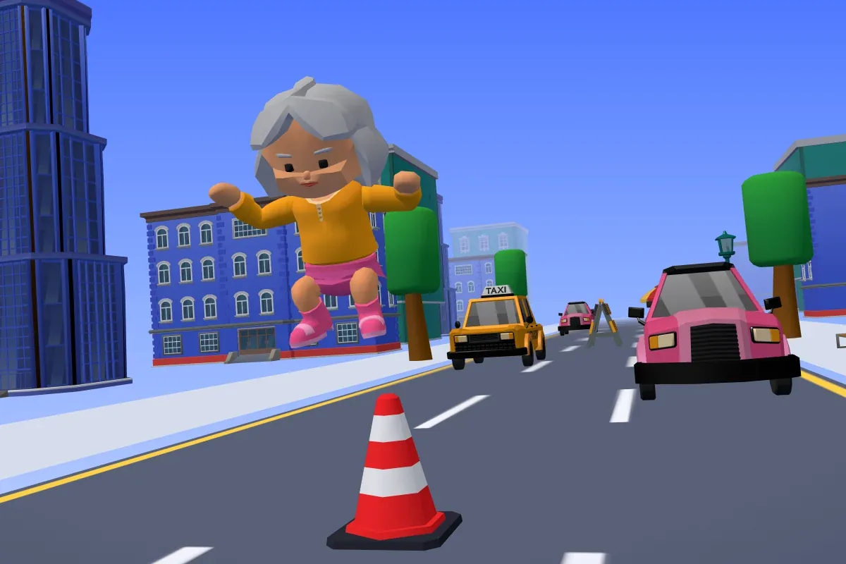 A grey-haired runner in a yellow jumper leaps over a traffic cone on a city street, with a taxi, a road barrier and a pink car in the lanes ahead and blue and teal buildings on both sides.