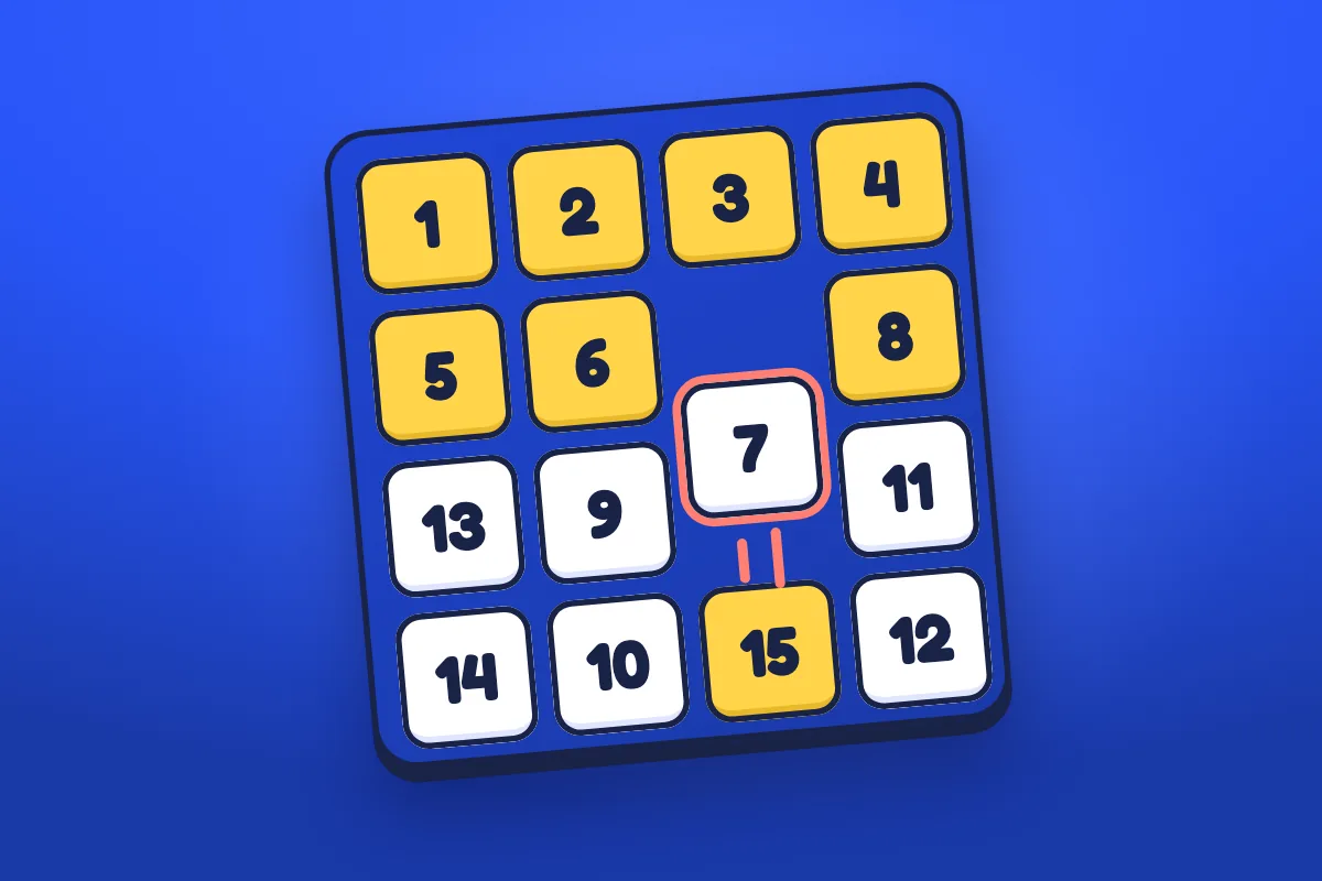 A tilted cobalt sliding puzzle tray with numbered white tiles, the tiles already home in yellow, and tile 7 sliding up into the gap.