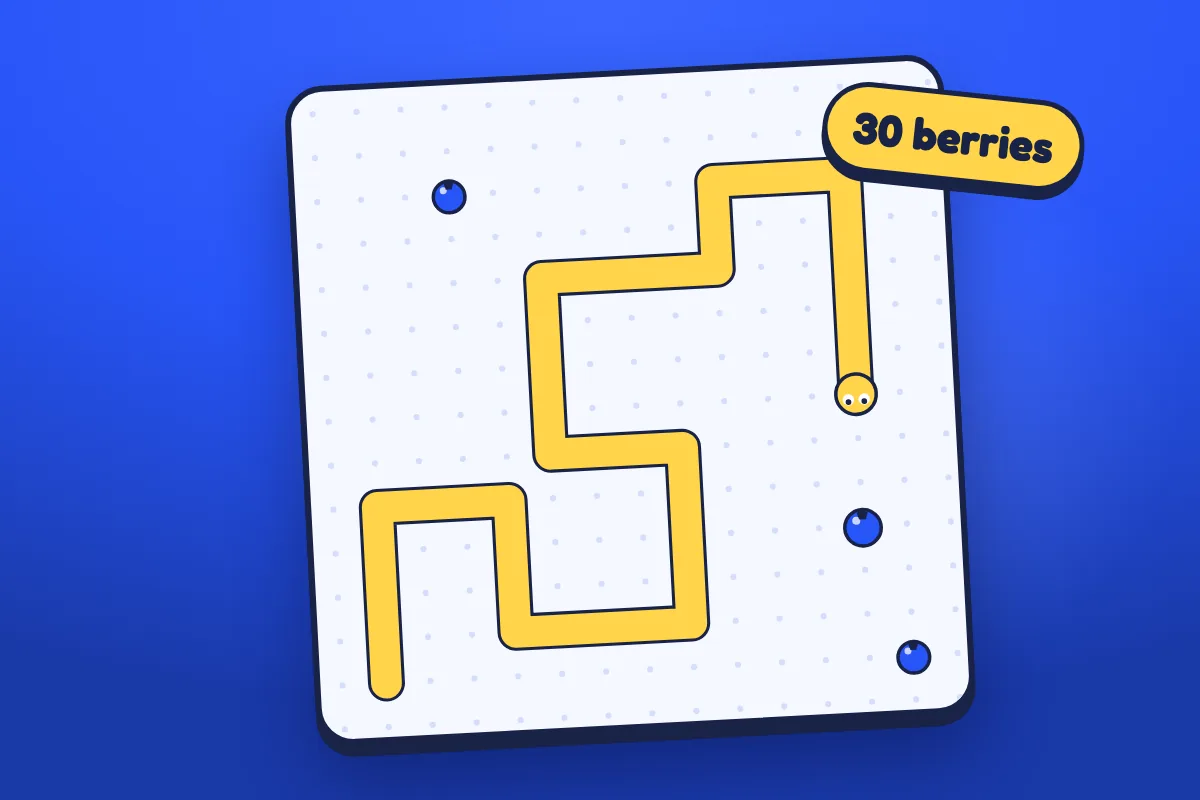 A long yellow snake winding across a dotted cloud-white board toward a blue berry, with a yellow 30 berries badge.