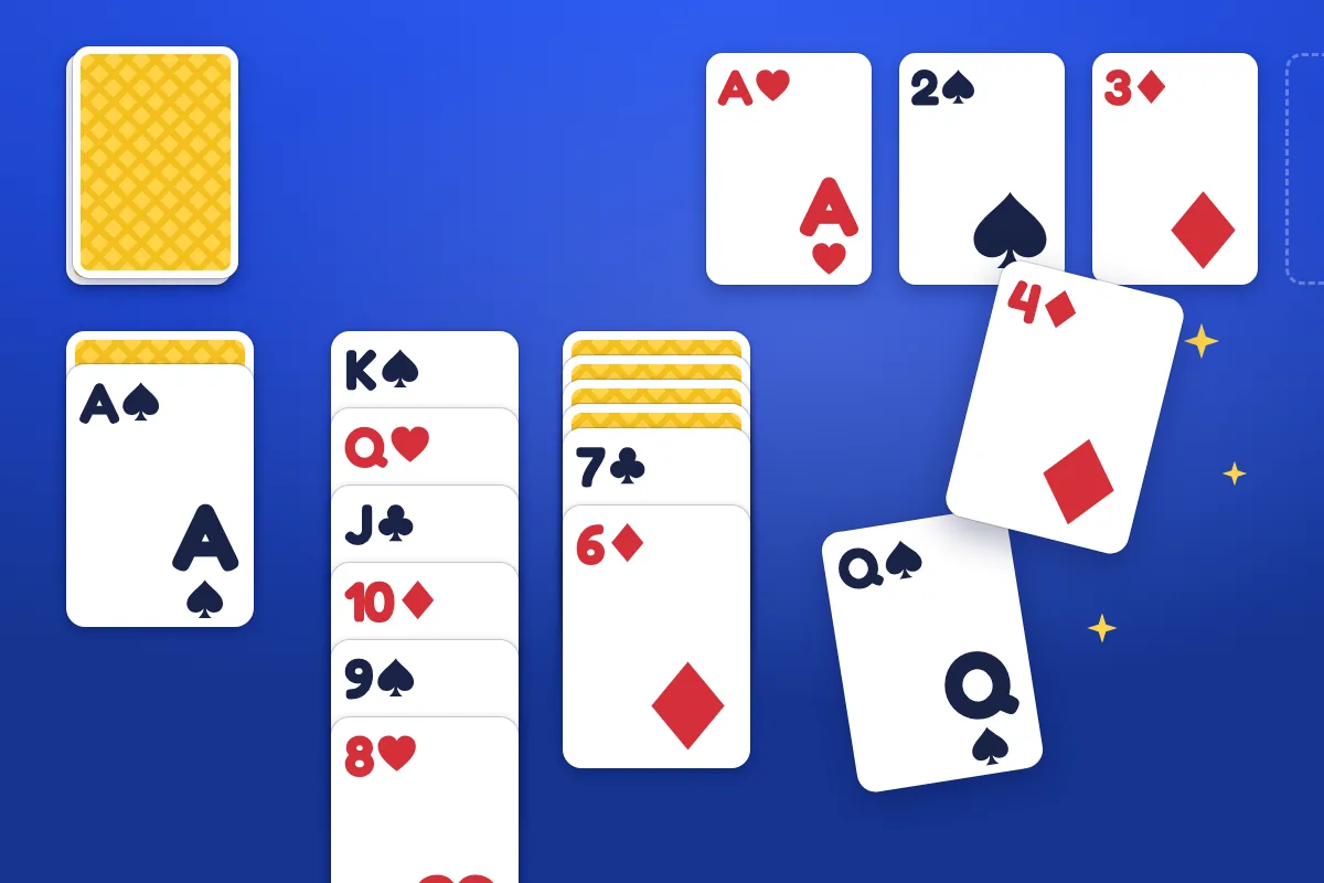 Klondike solitaire on cobalt felt: a run from the king of spades down to the 8 of hearts, three foundations started, and the 4 of diamonds flying home.