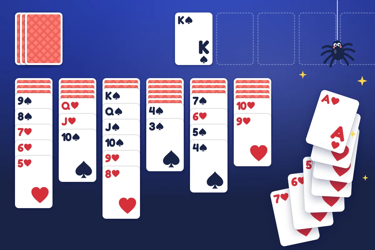 Spider solitaire on deep blue felt: fanned columns of spades and hearts, a coral stock, a king of spades home, a run of hearts flying in and a cartoon spider on a thread.