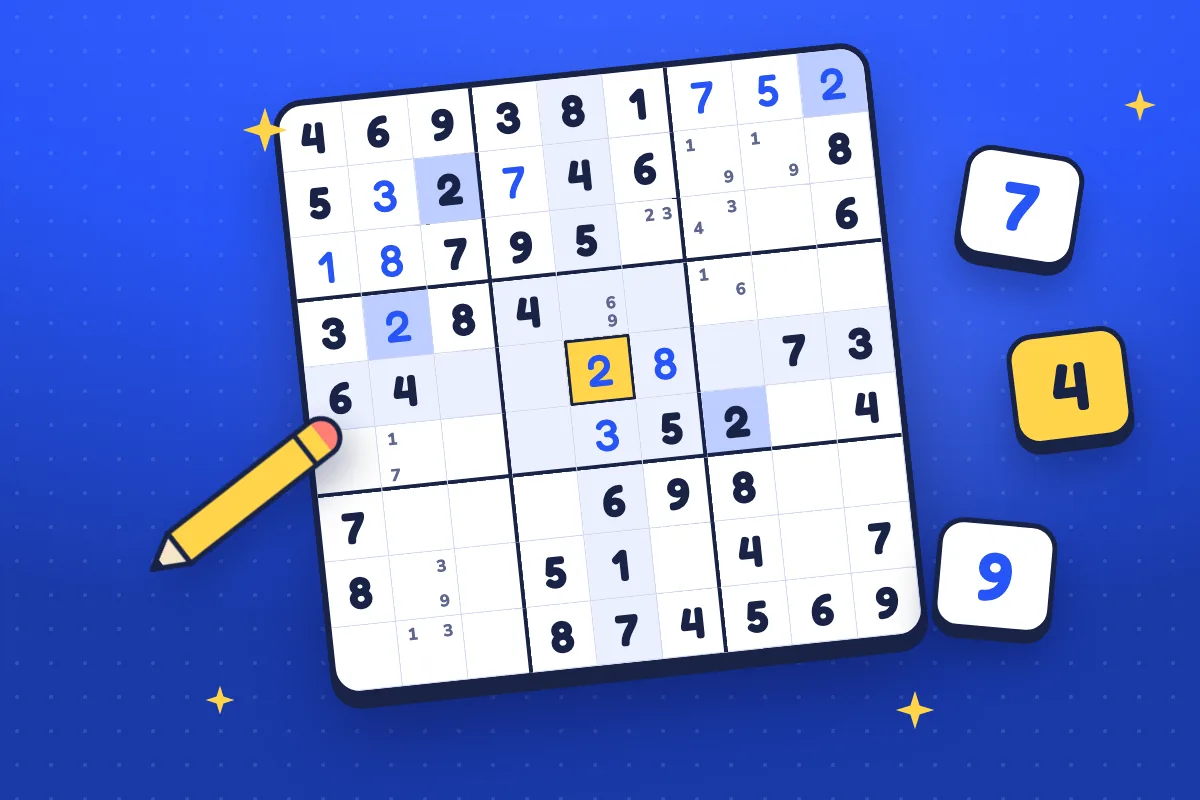 A tilted Sudoku board mid-solve on cobalt, with ink givens, blue entries, pencil notes and a yellow selected cell, beside a yellow pencil and three floating number keys.