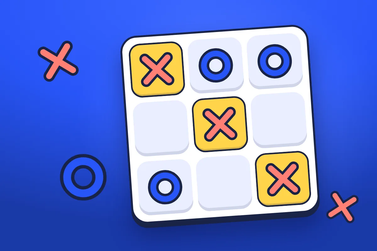 A white tic-tac-toe grid tilted on a cobalt background, with a diagonal of three coral crosses on yellow squares, cobalt rings in other squares, and loose marks floating around.