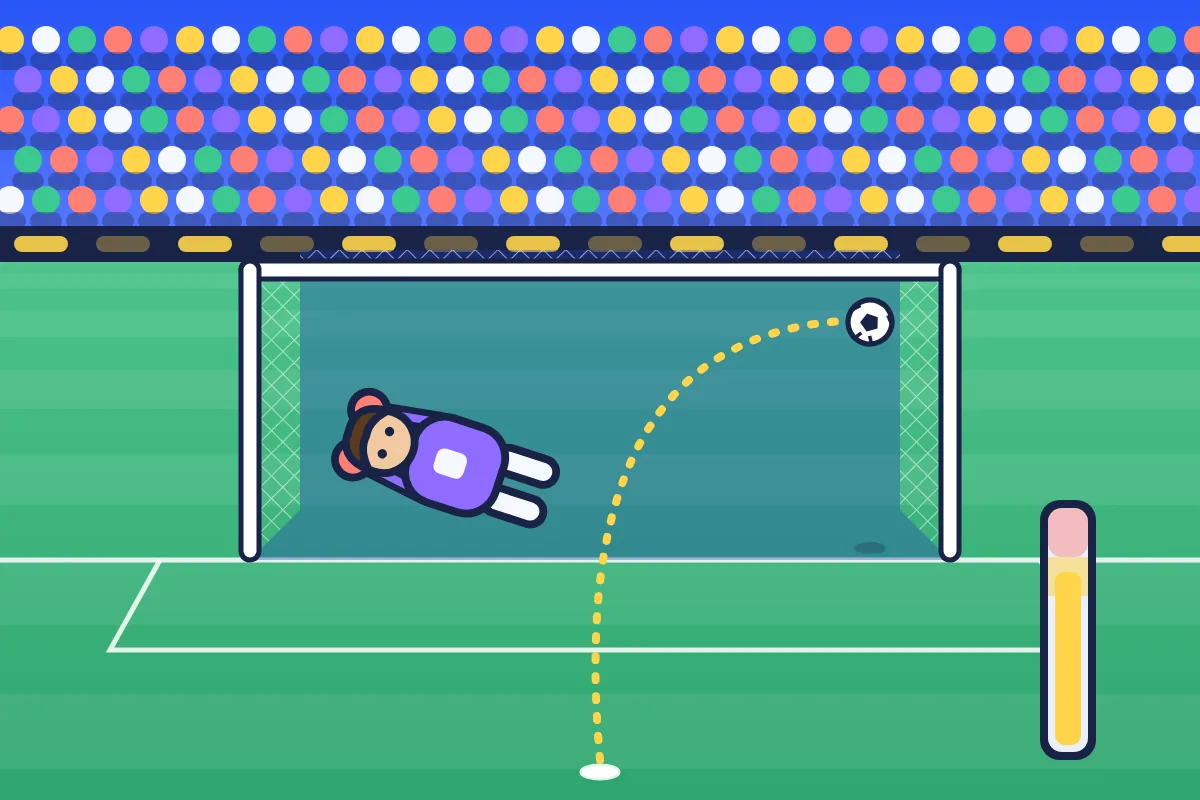 From behind the penalty spot, a dotted yellow curve bends the ball into the top corner as a purple-shirted keeper dives the other way, with a power meter in the yellow.