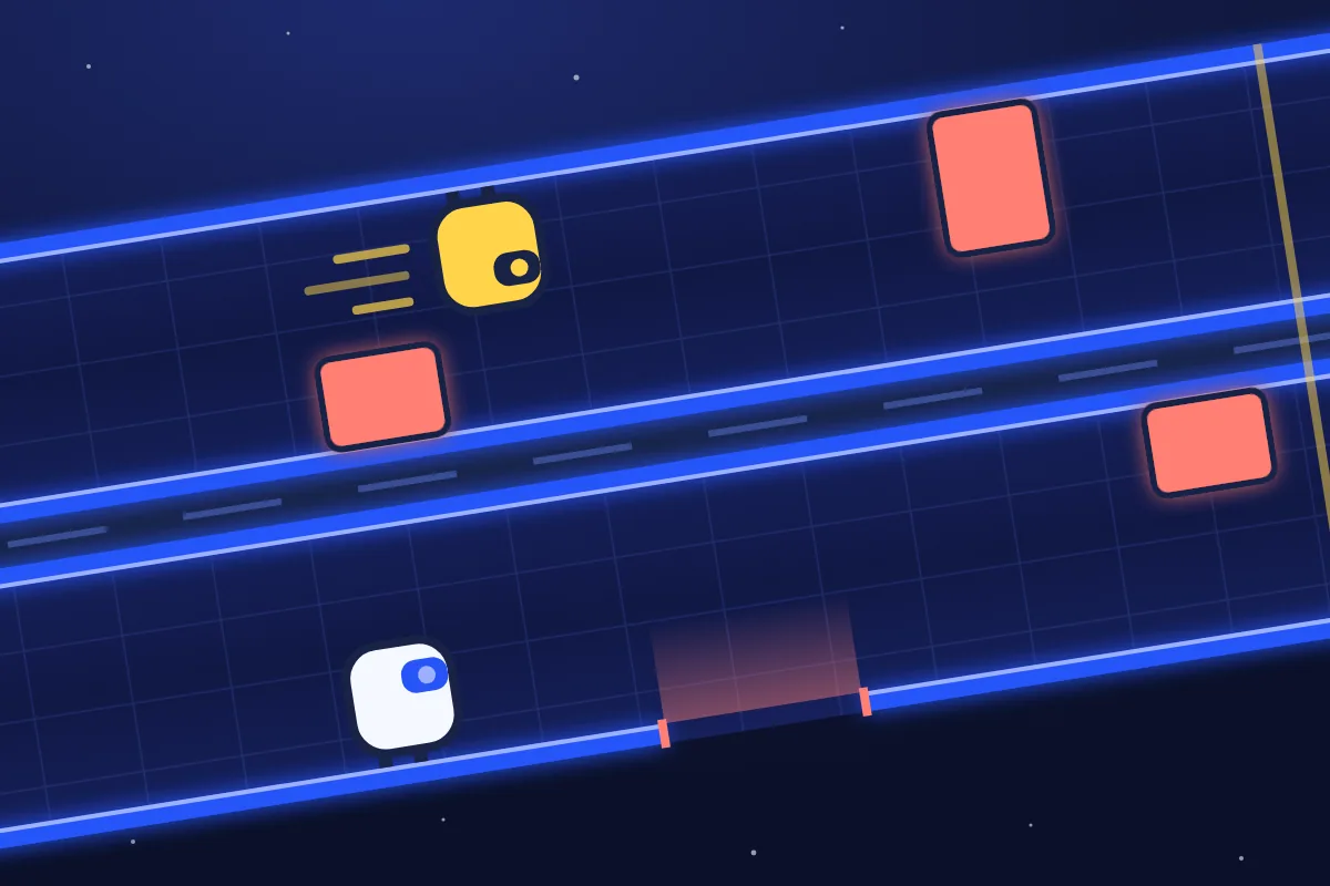 Two little robot runners race along twin glowing blue lanes in space: yellow upside down on its ceiling above a coral block, white on its floor before a gap.