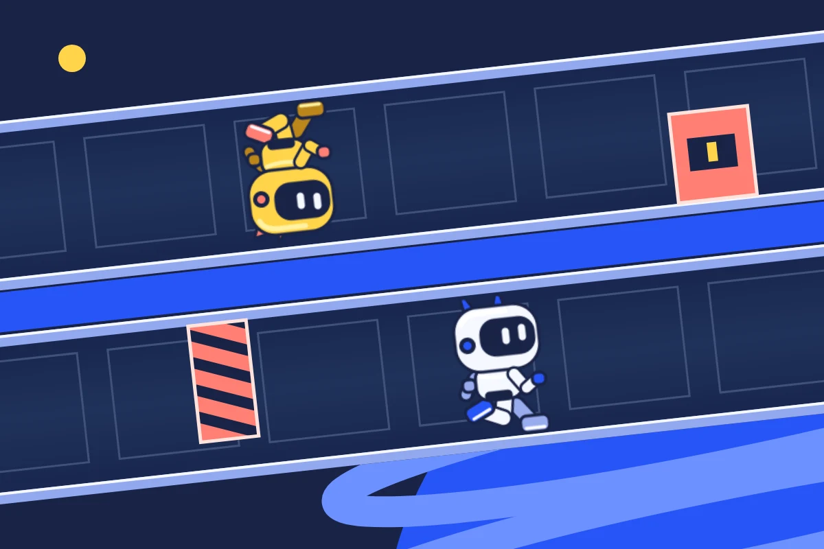 Yellow Zip and white Zap, two bold enamel repair robots, flip along twin cobalt tracks above an illustrated blue planet, dodging coral cargo blocks.