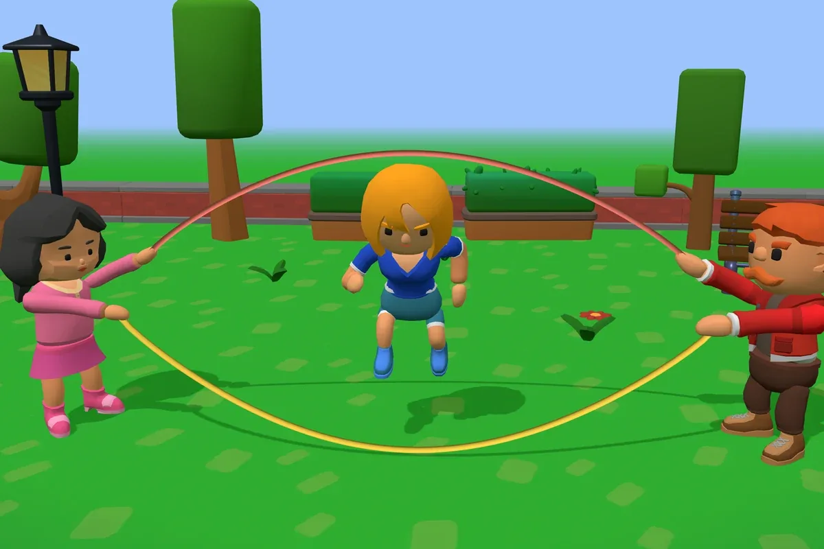 In a sunny park, a jumper in a blue top hops over a yellow skipping rope while a coral one swings overhead, turned by two friends in pink and red at either end.