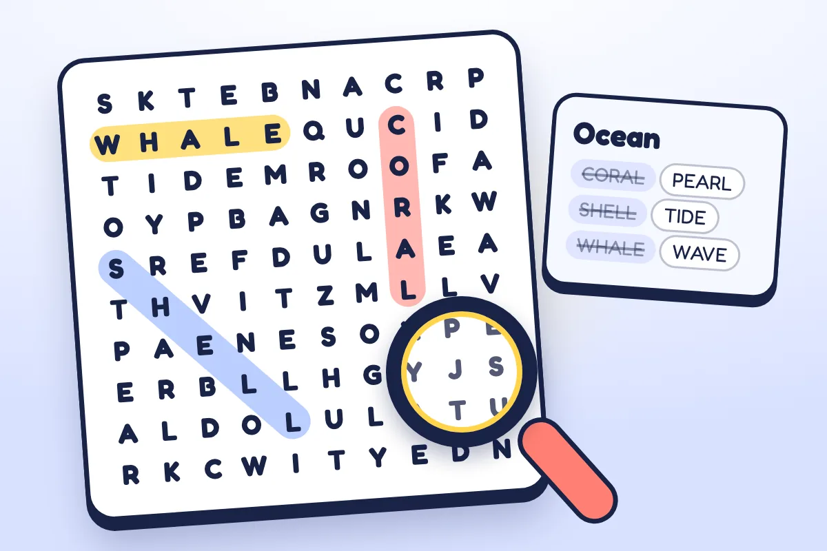 A tilted grid of letters with WHALE, CORAL and SHELL marked in yellow, coral and blue capsules, a magnifying glass, and an Ocean word list with three words crossed off.