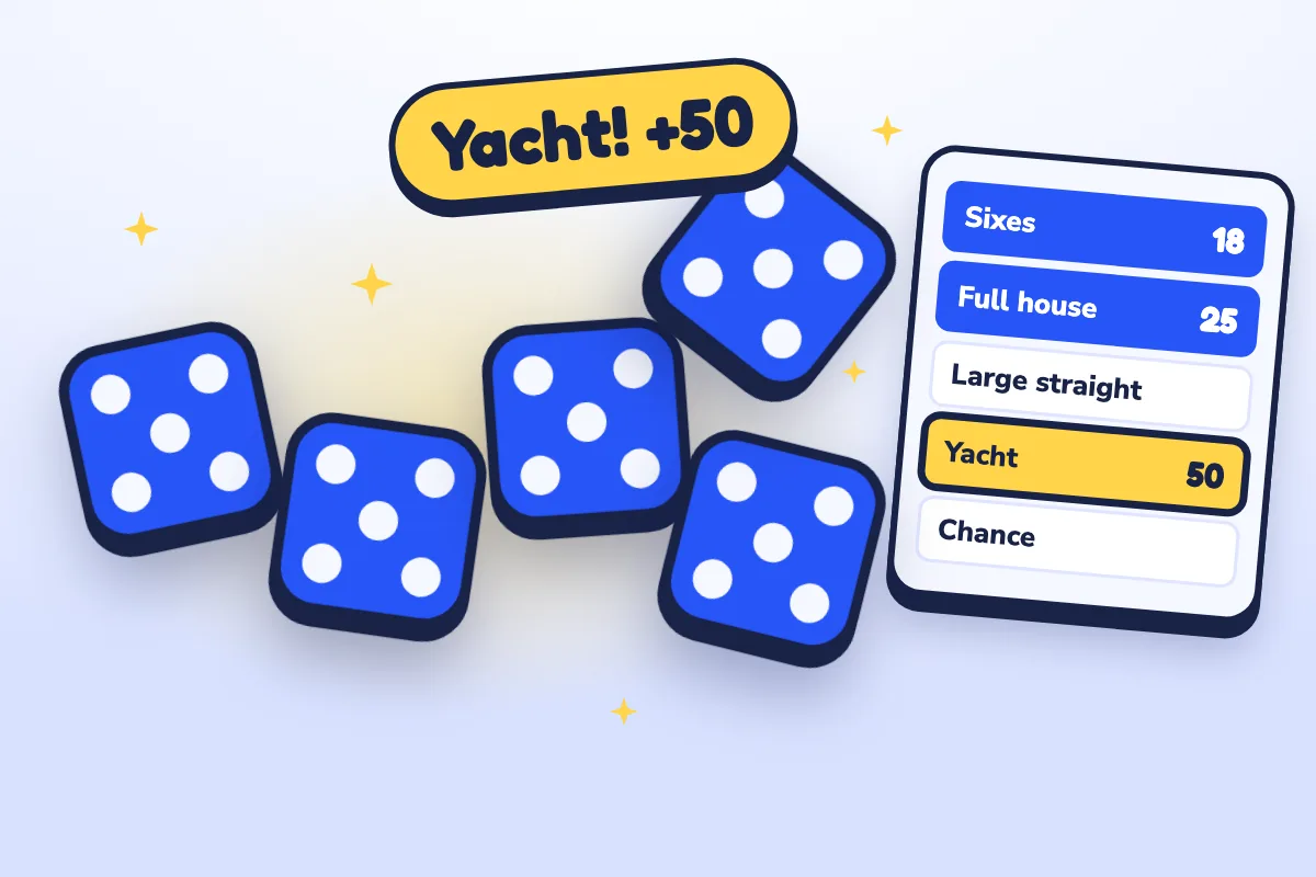 Five cobalt dice all showing five, the last still tumbling in, under a yellow Yacht! +50 badge, beside a scorecard with the yacht row just filled in.