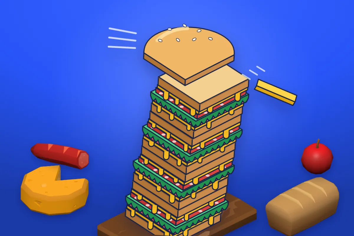A tall, leaning sandwich tower of toast, ruffled lettuce, dripping cheese, ham and tomato on a chopping board, a sesame bun sliding in on top, beside cheese, a sausage, a loaf and an apple.